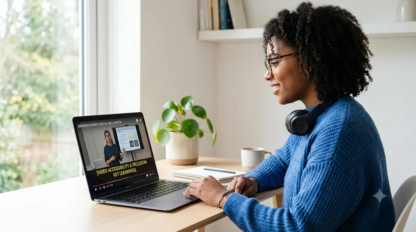 Person watching an online video with closed captions enabled on a laptop, demonstrating video accessibility and inclusive digital content.