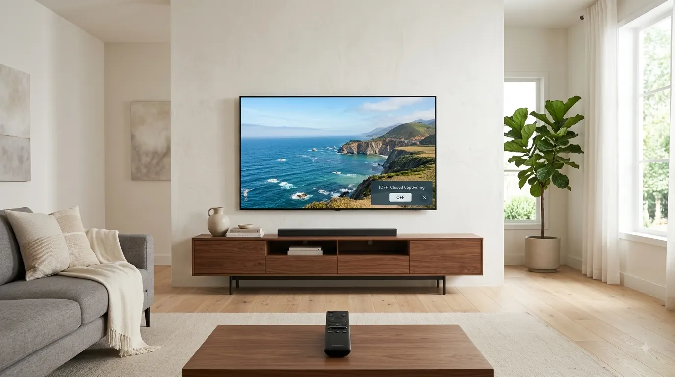 A wide-angle, bright contemporary living room featuring a wall-mounted smart TV playing an ocean scene. In the bottom-right corner of the TV screen, a subtle interface pop-up displays "Closed Captioning: OFF". In the foreground, a sleek black remote sits on a wooden coffee table pointing toward the television. The room is decorated in neutral tones with a gray sofa, light wood flooring, and a potted plant by a sunlit window.