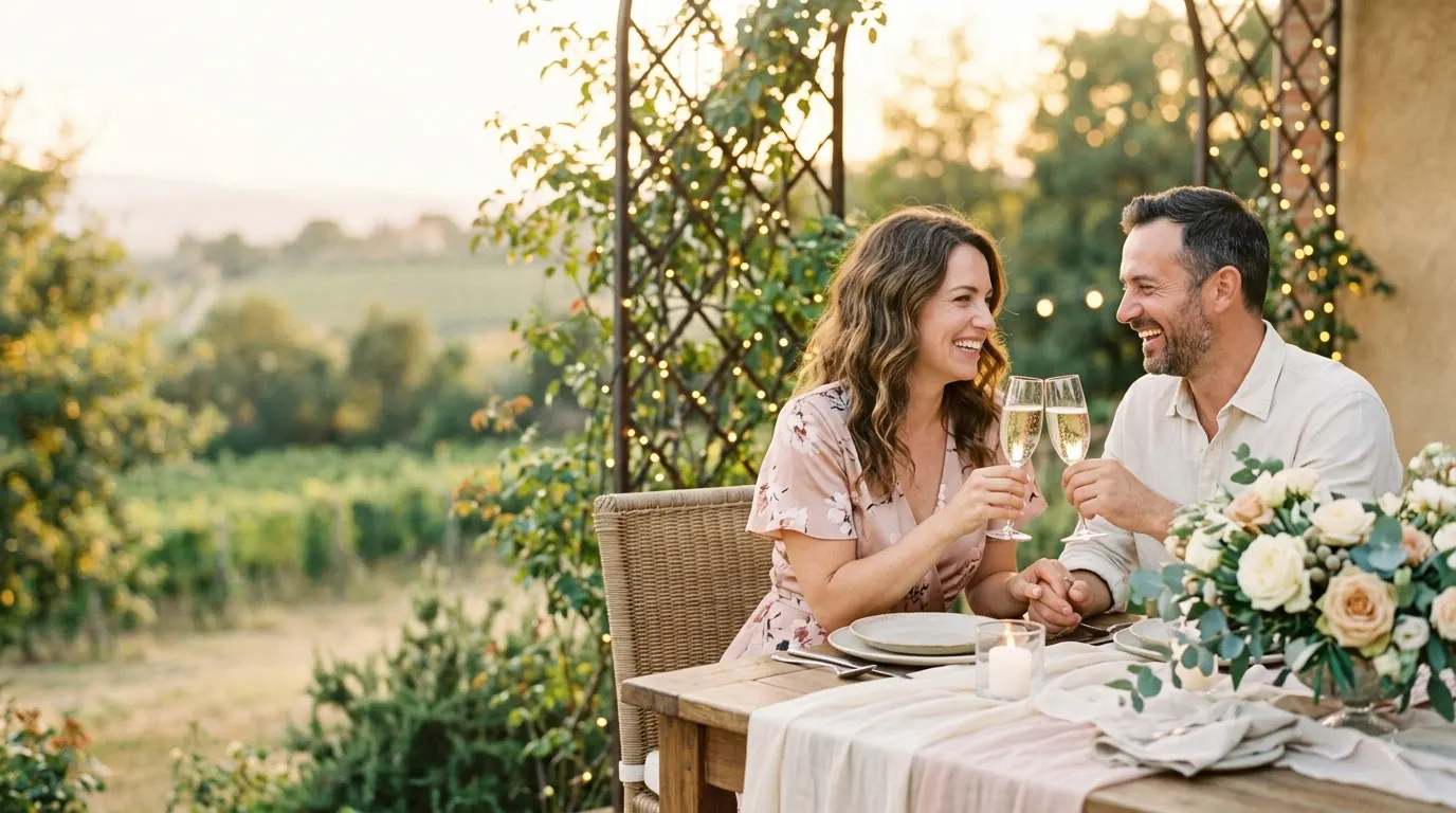An adult couple smiling and clinking champagne glasses at an elegant outdoor dinner table during golden hour, decorated with cream and blush roses, soft string lights, and a warm countryside backdrop.