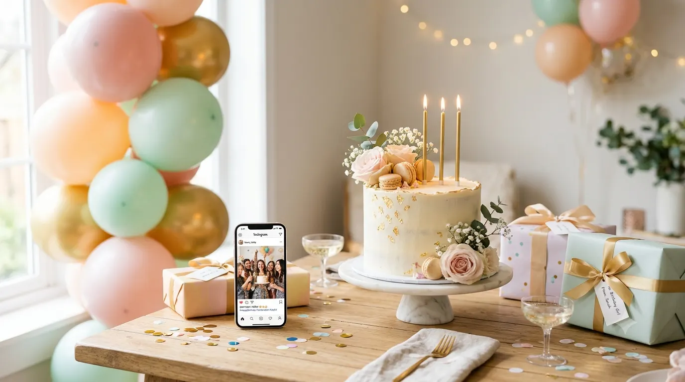 Colorful birthday celebration featuring a decorated cake with lit candles, pastel balloons, wrapped gifts, confetti, and a smartphone displaying a birthday social media photo. The festive scene is styled with soft natural lighting and elegant party decorations, creating a cheerful, modern atmosphere perfect for a birthday captions blog.