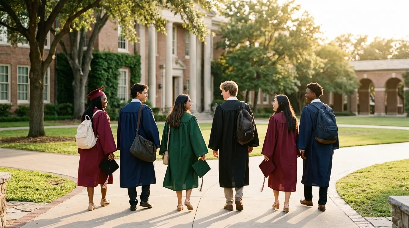 Group of diverse high school graduates in gowns walking across a sunny school campus during golden hour.