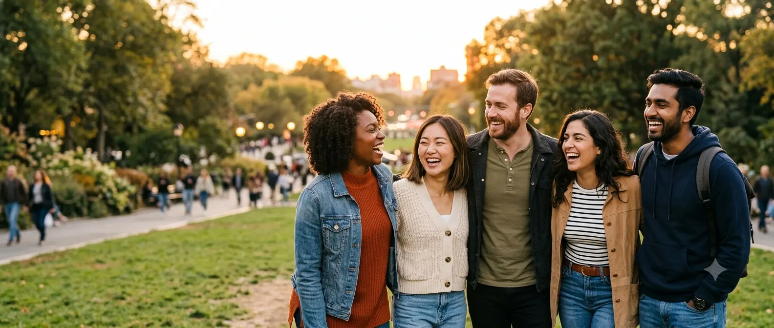 A diverse group of close friends laughing together in a sunny park during golden hour, wearing casual stylish outfits and smiling naturally while taking a group photo. The warm lighting, blurred green background, and joyful expressions create a modern, cheerful atmosphere that celebrates friendship and shared memories.