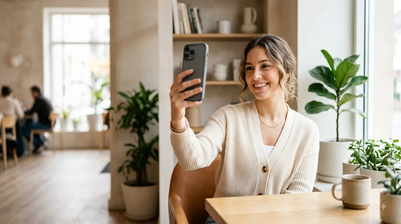 Stylish young adult taking a confident selfie with a smartphone in a bright modern setting, representing self captions for Instagram.