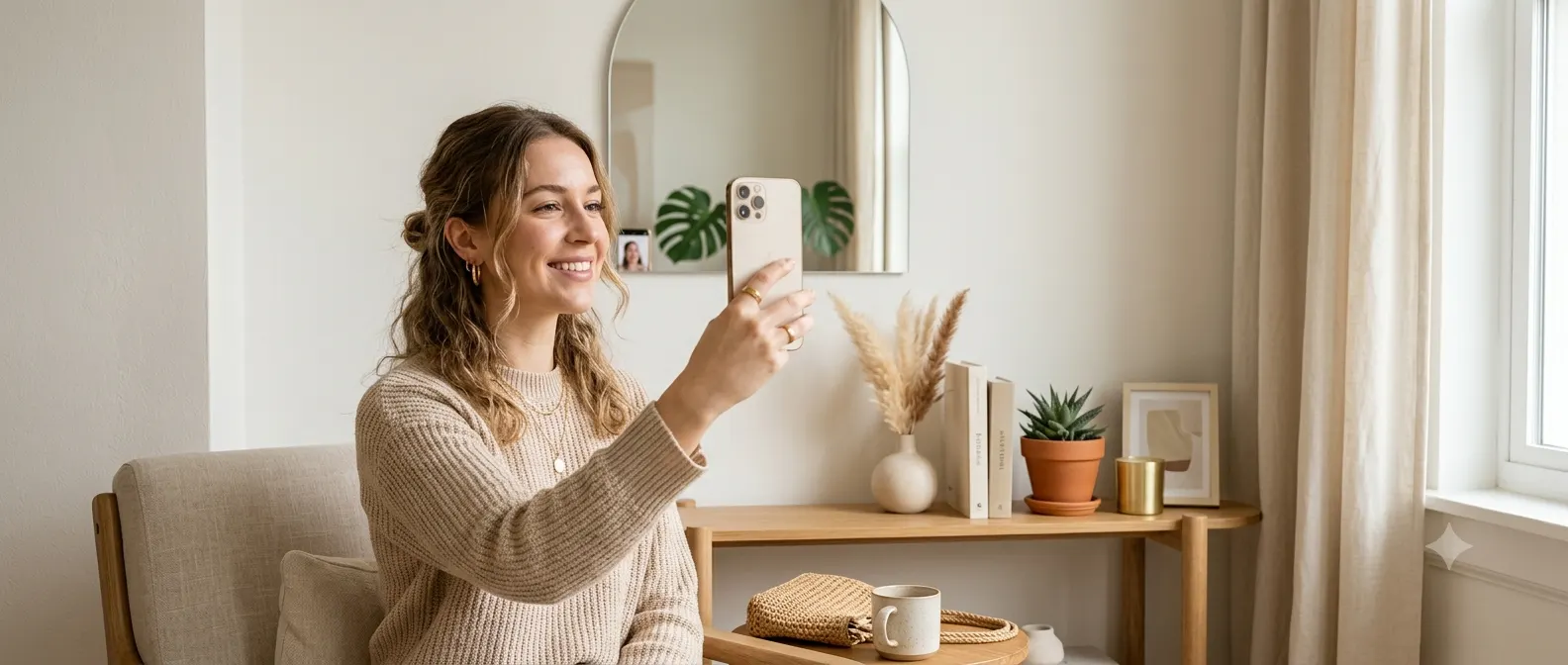 A stylish young person taking a selfie with a smartphone in soft natural light, smiling confidently while standing against a clean, modern background with a minimal aesthetic, perfect for an Instagram selfie captions blog post.