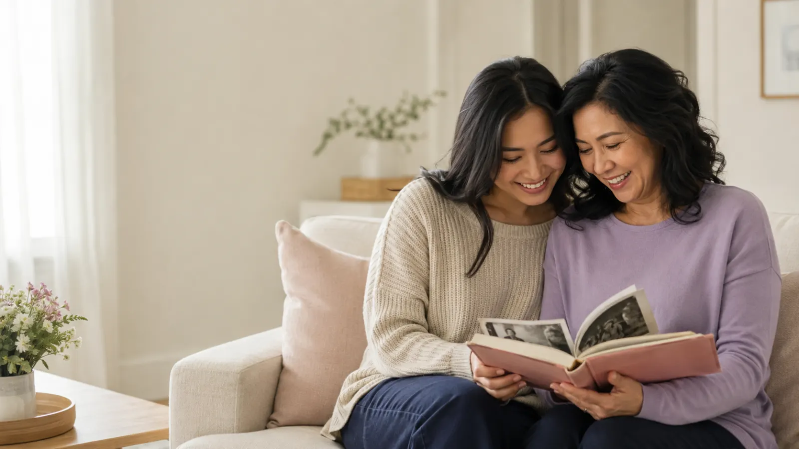 Mother and adult daughter smiling together while looking through a family photo album at home.