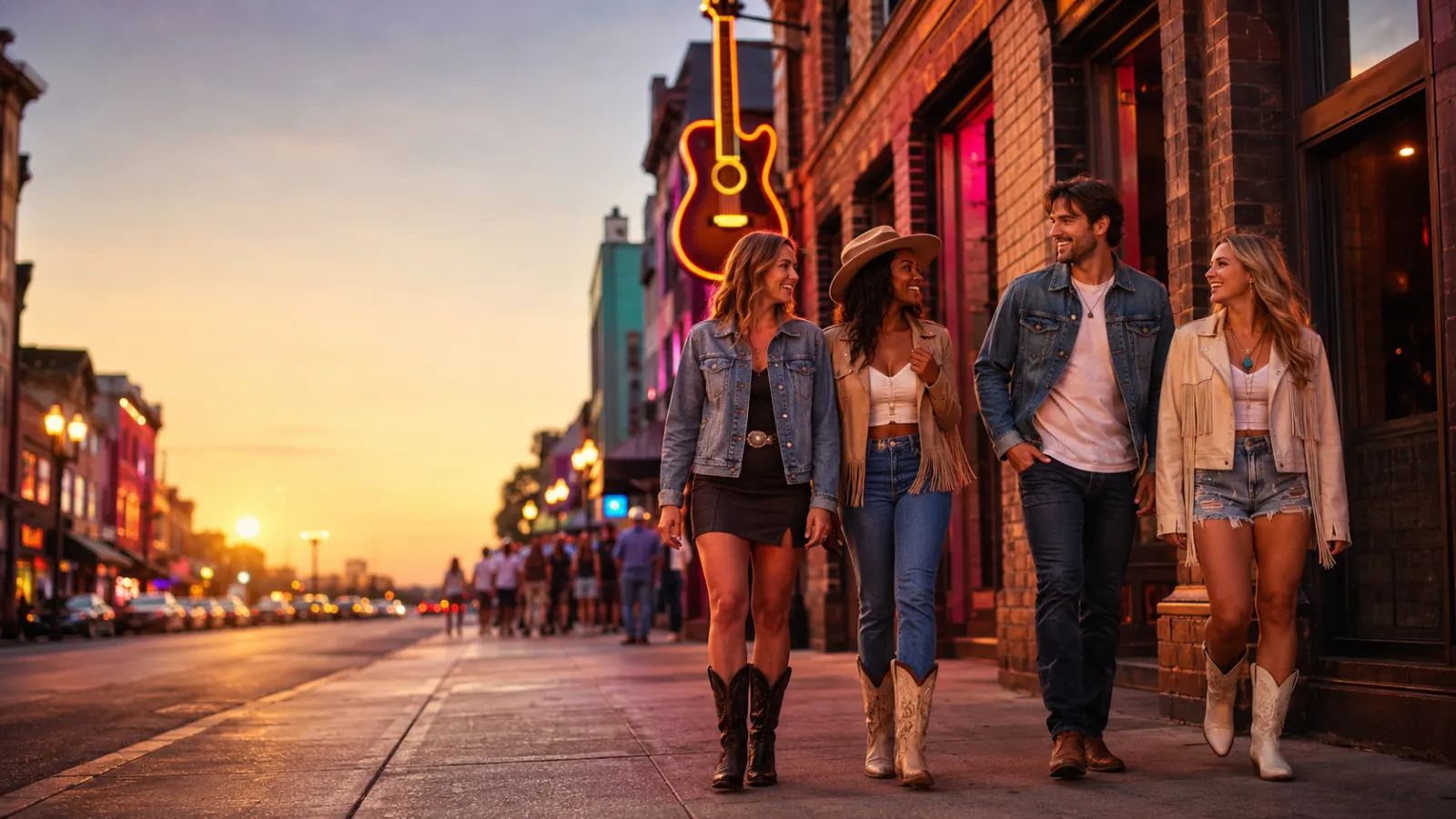 Friends exploring downtown Nashville at sunset in stylish Western outfits.