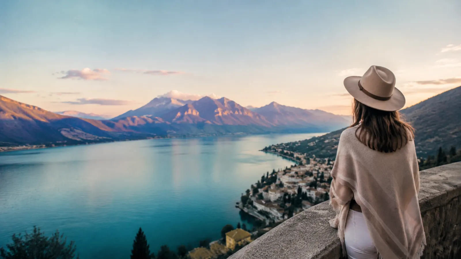 Traveler overlooking a turquoise lake, mountain range, and scenic town at sunset