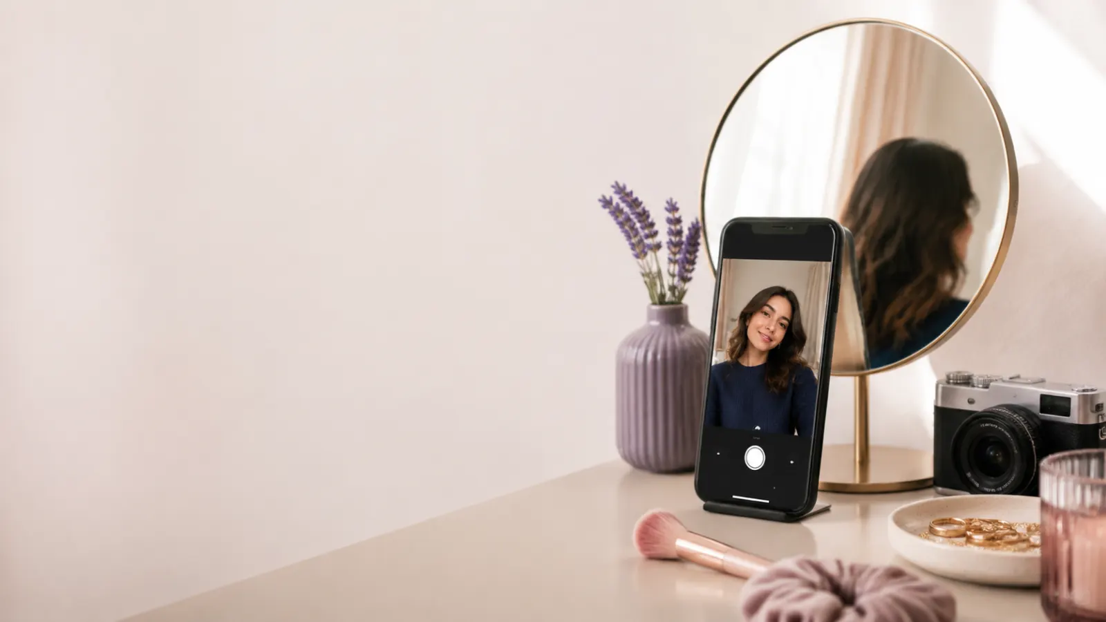 Smartphone displaying a selfie beside a round mirror and camera on a softly lit vanity.