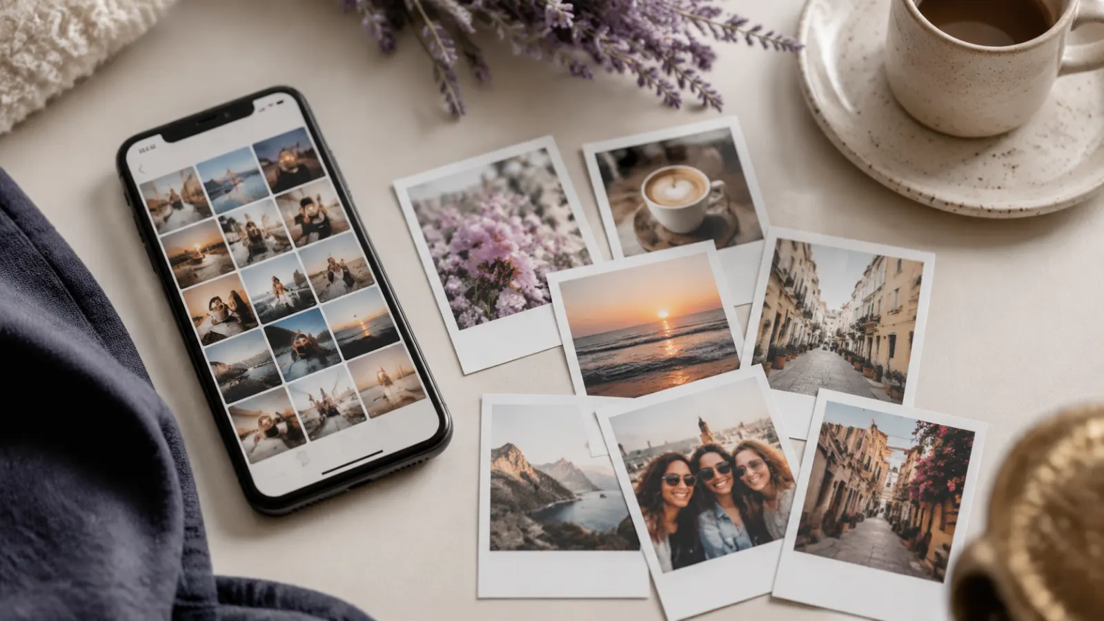 Smartphone and printed travel, friendship, coffee, flower, and sunset photos arranged for a photo dump.