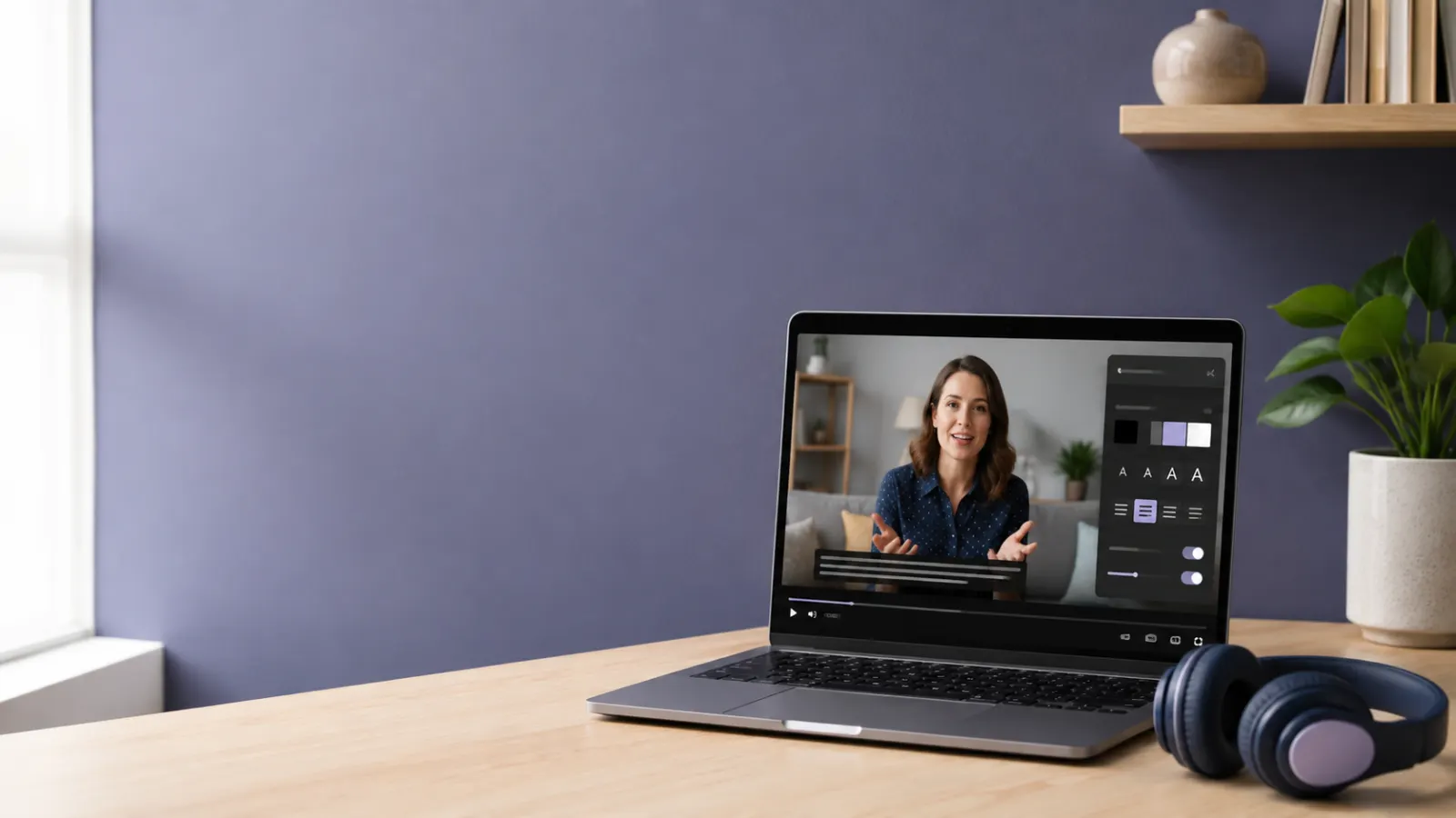 Modern laptop displaying live captions and a browser accessibility panel beside headphones on a tidy desk.