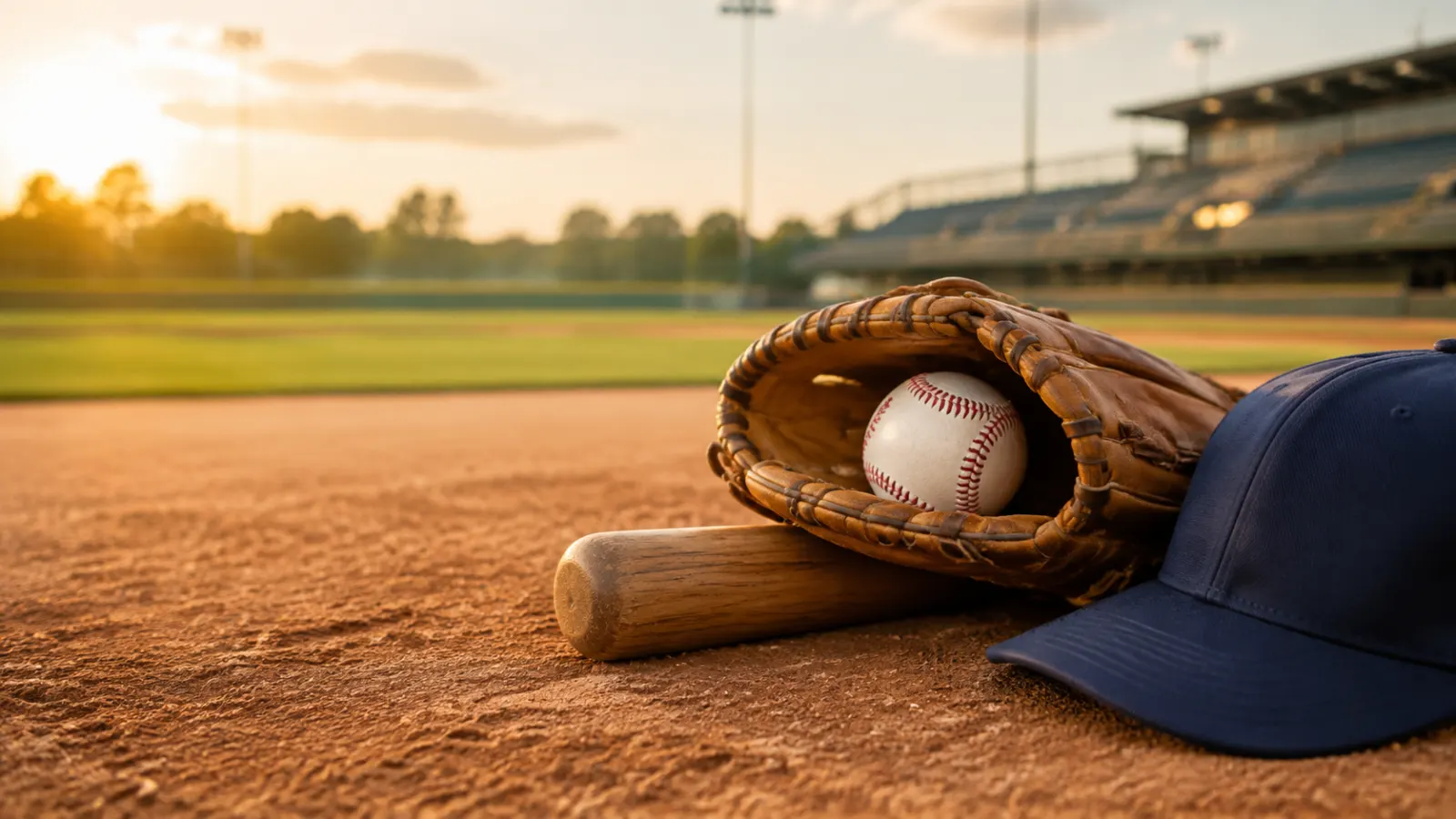 Baseball glove, ball, bat, and navy cap beside a sunlit baseball field.