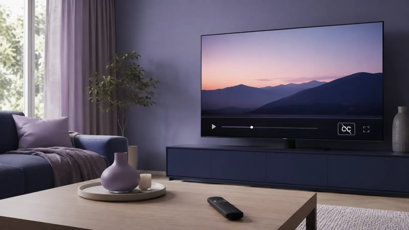 Modern smart TV showing a generic video player with closed captions switched off and an unbranded remote on a tidy coffee table.