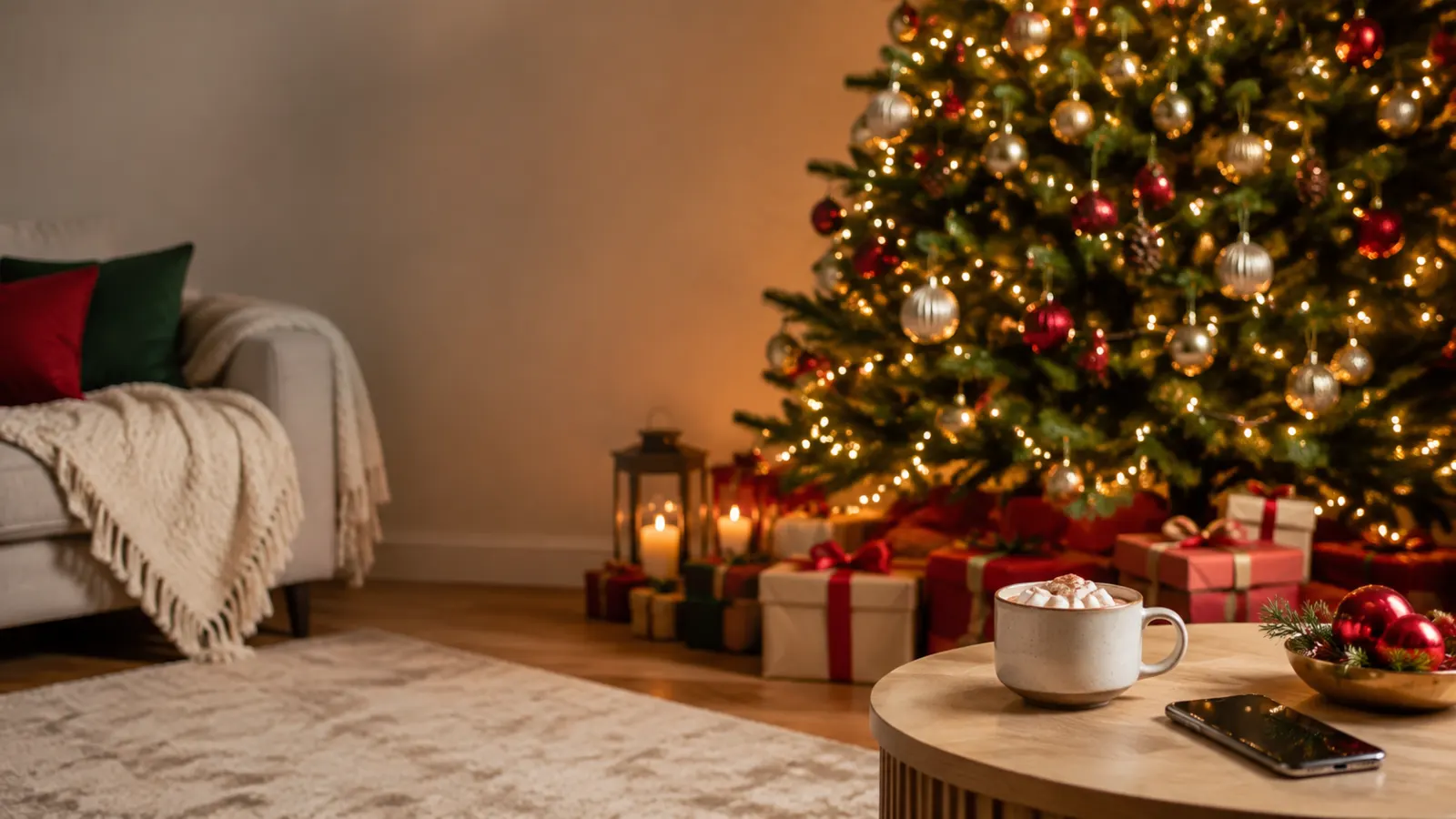 Cozy Christmas living room with a glowing tree, wrapped gifts, hot cocoa, and a smartphone.