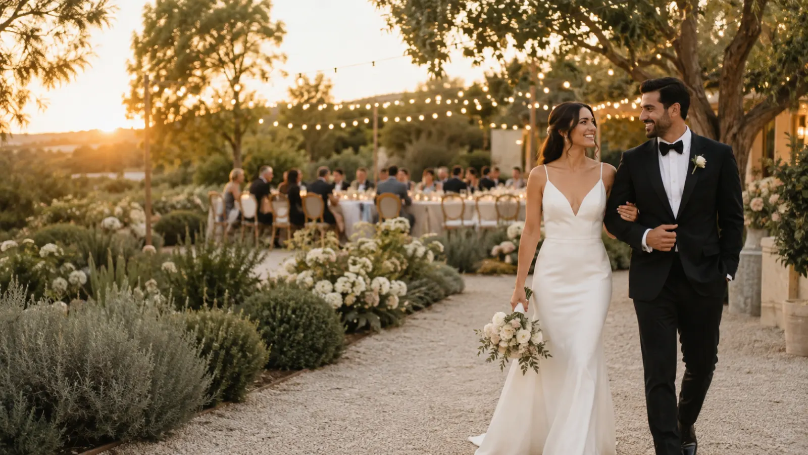 Newlywed couple walking through an elegant outdoor wedding reception at golden hour