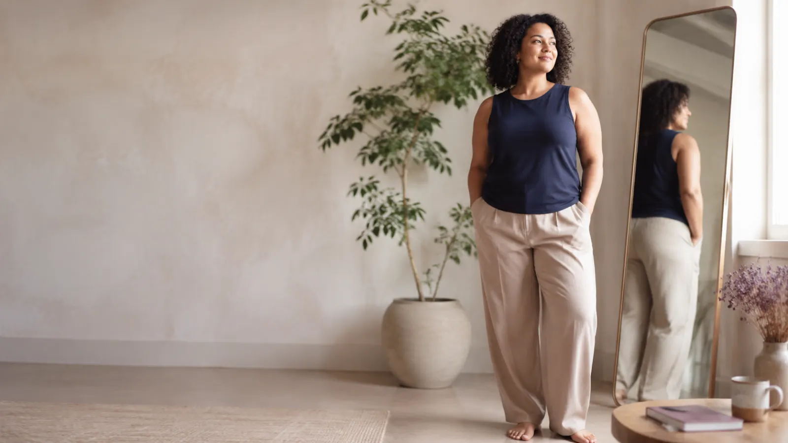 Confident woman standing beside a mirror in a bright studio for a self worth captions article.