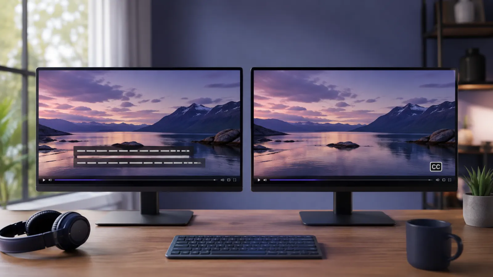 Two video screens compare open captions embedded in a video with optional closed captions controlled by a CC button.