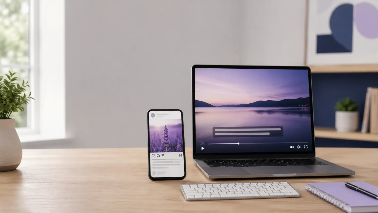 Modern smartphone and laptop displaying generic social media and video captions in a tidy content creation workspace.