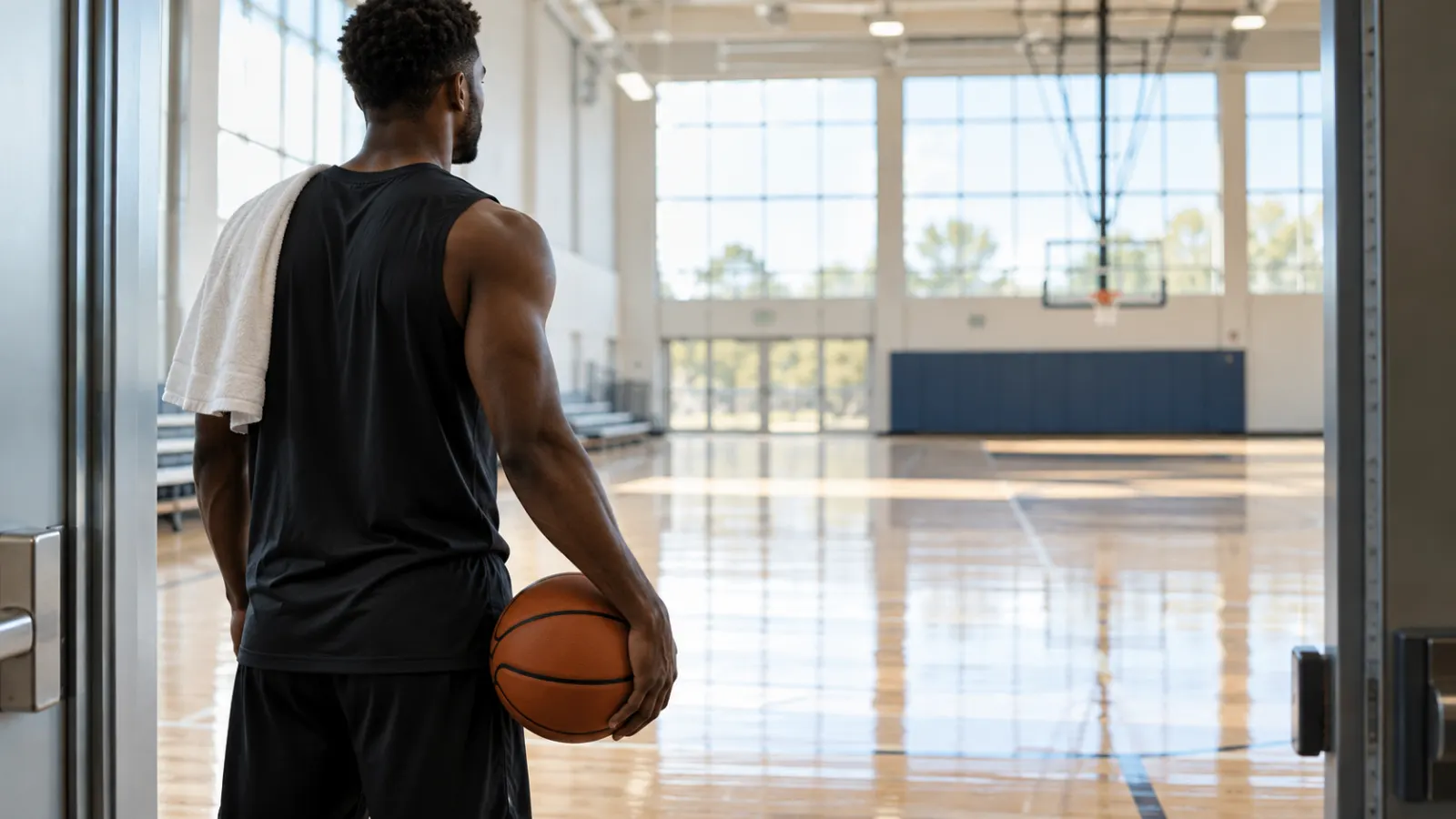 Basketball player holding a ball at the entrance to a sunlit indoor gym.