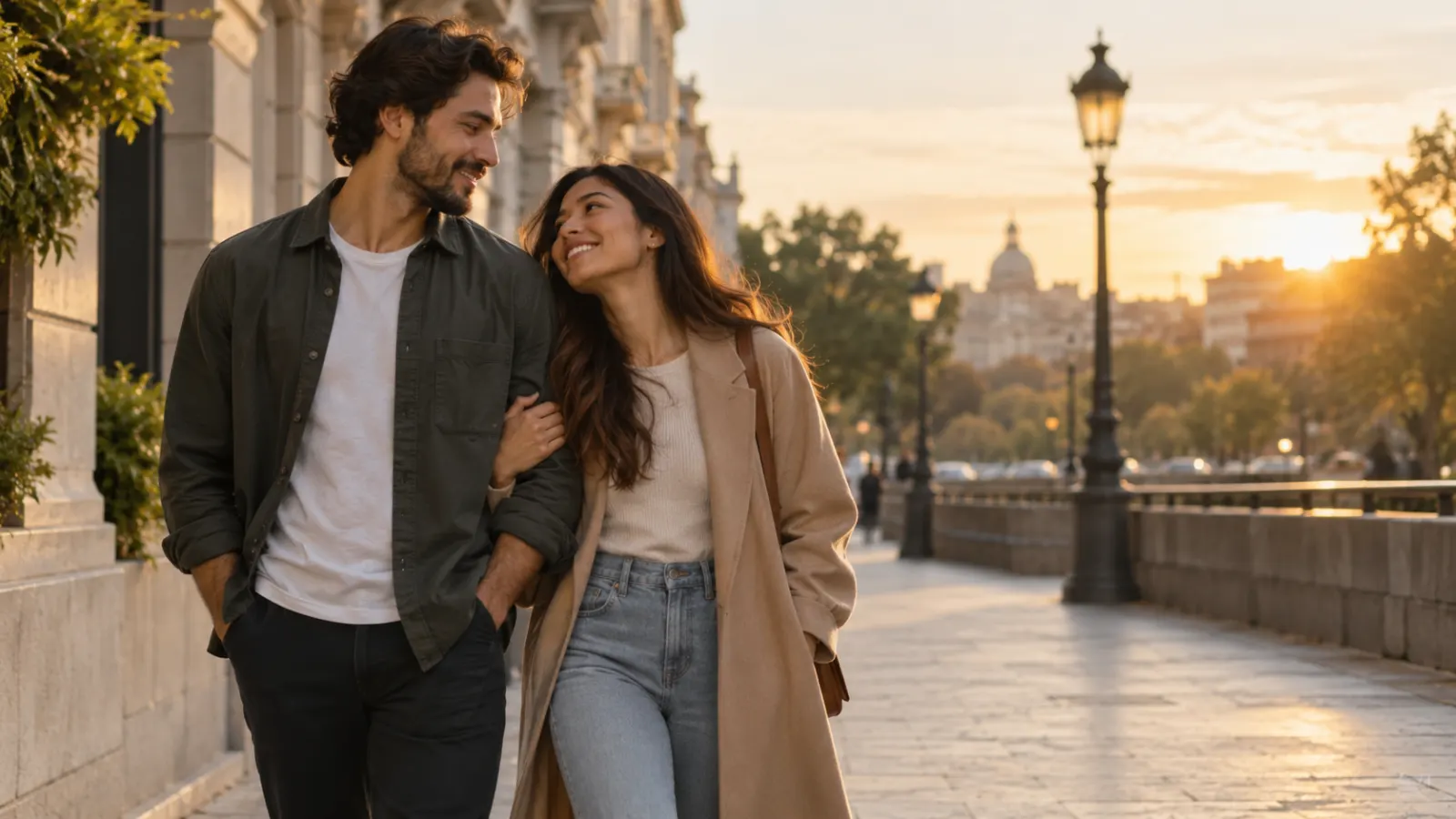 Happy couple walking together on a city street at sunset.