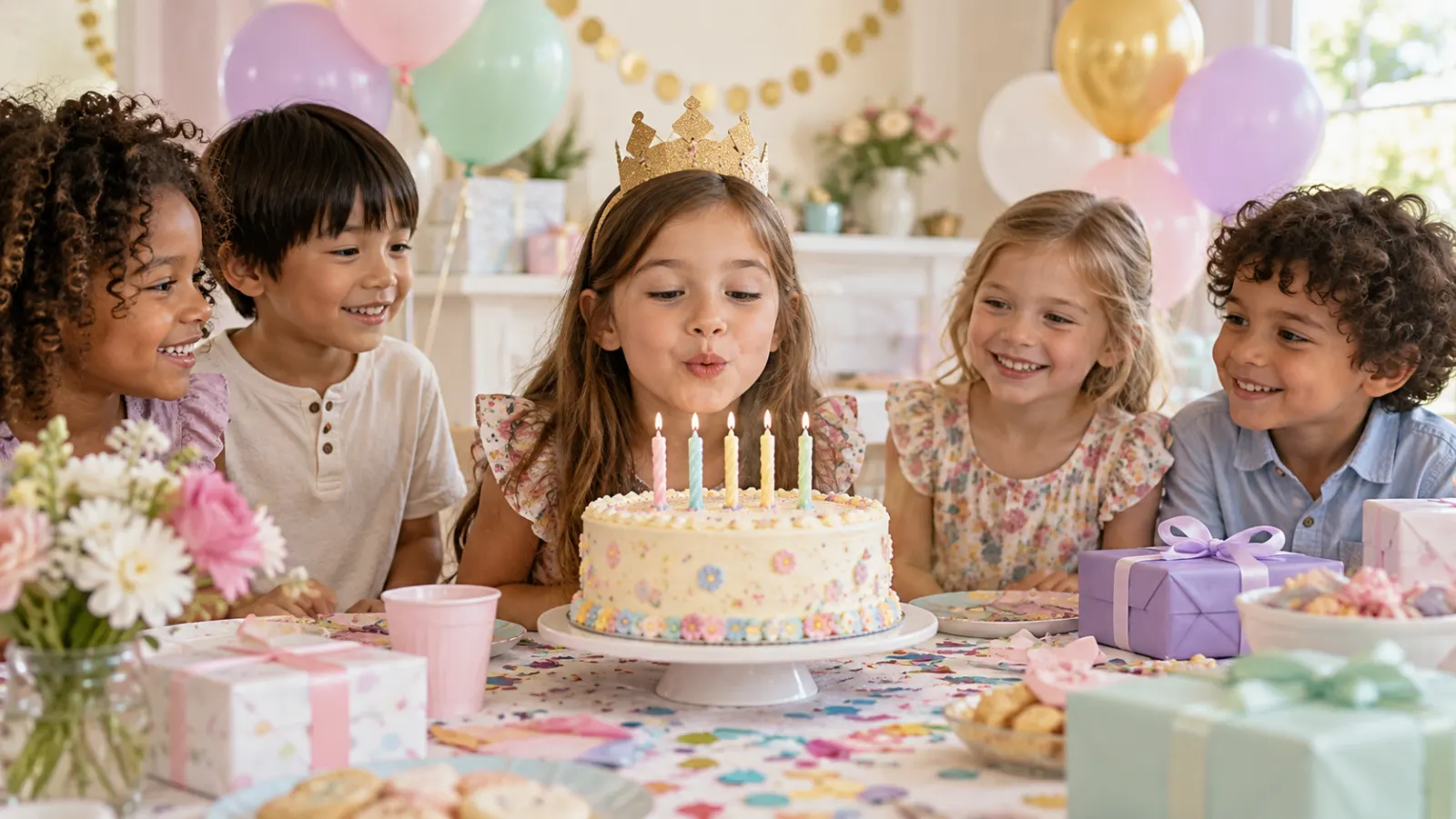 Five-year-old celebrating with friends, pastel balloons, gifts, and a birthday cake