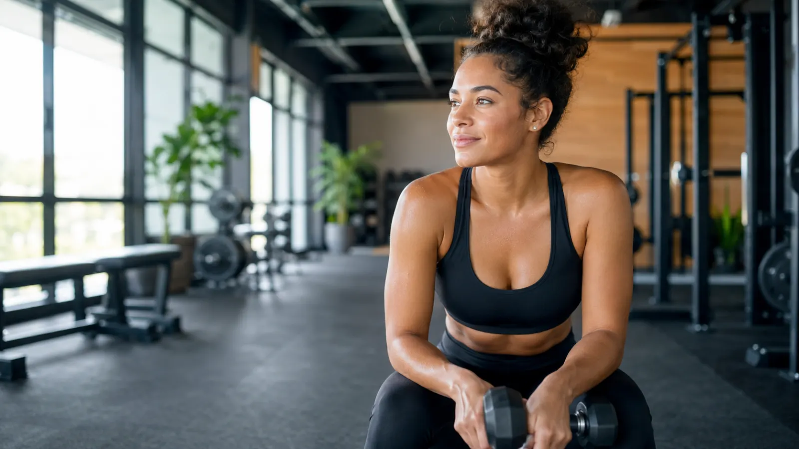 Woman holding dumbbells after a motivating workout in a modern gym