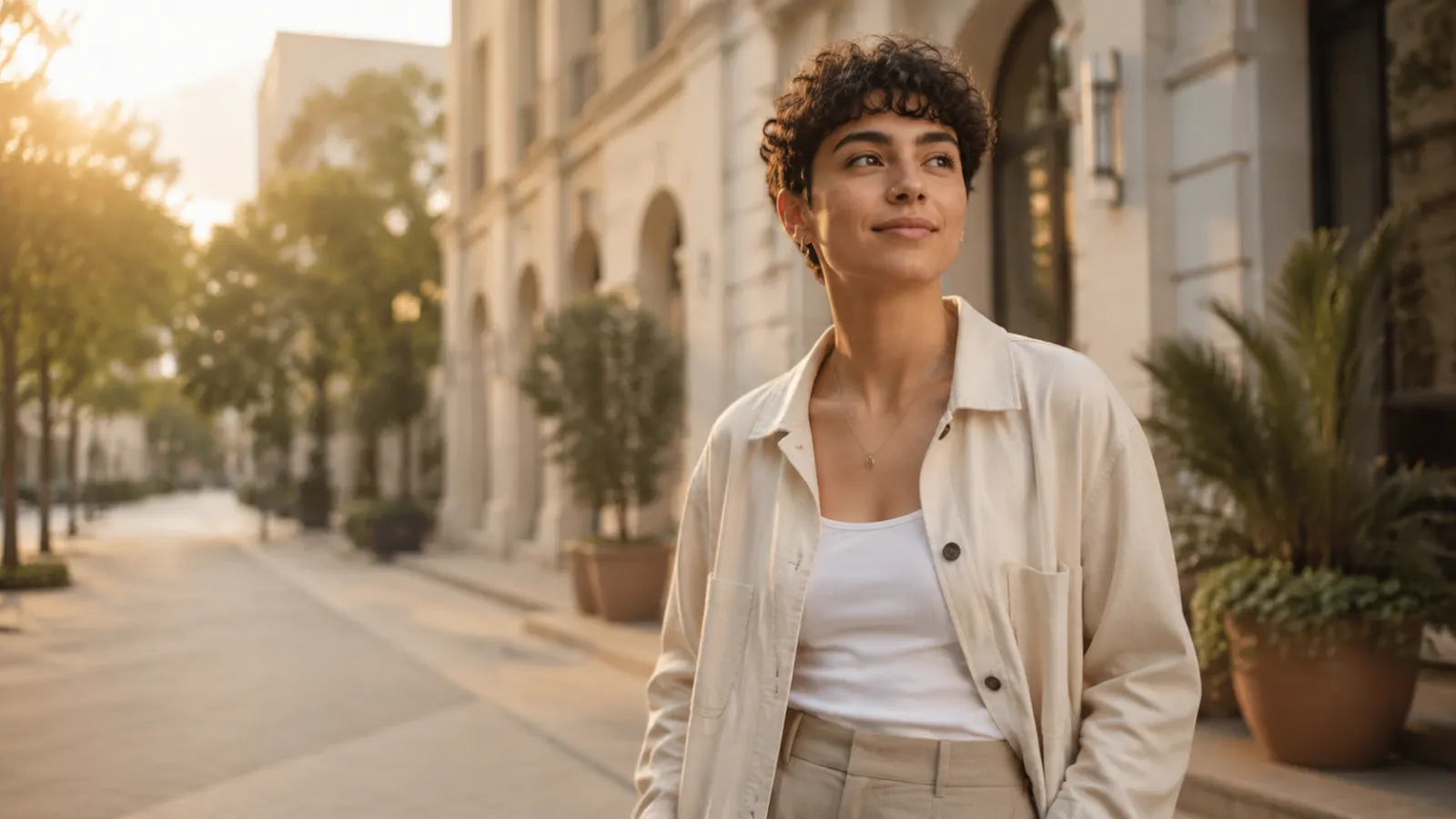 Confident young adult posing alone on a city street at golden hour
