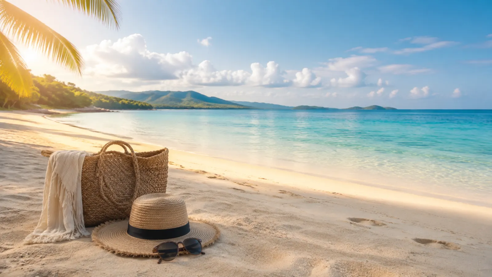 Tropical beach with turquoise water, straw hat, sunglasses, and woven vacation bag