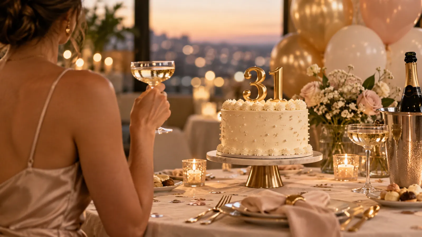 Elegant 31st birthday cake with gold number candles at a candlelit celebration