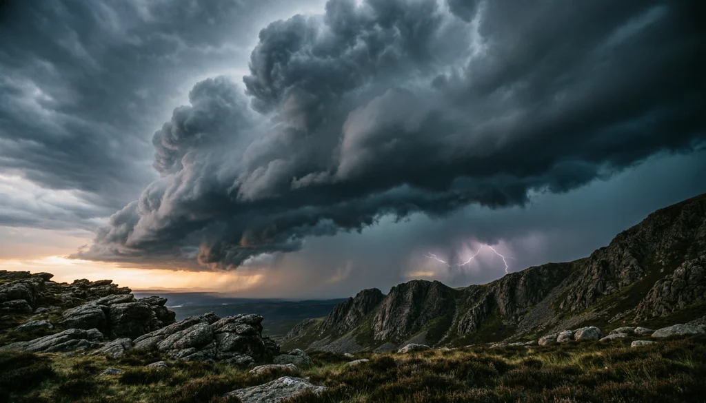 Dark storm clouds gathering over a dramatic outdoor landscape with heavy rain clouds and distant lightning.