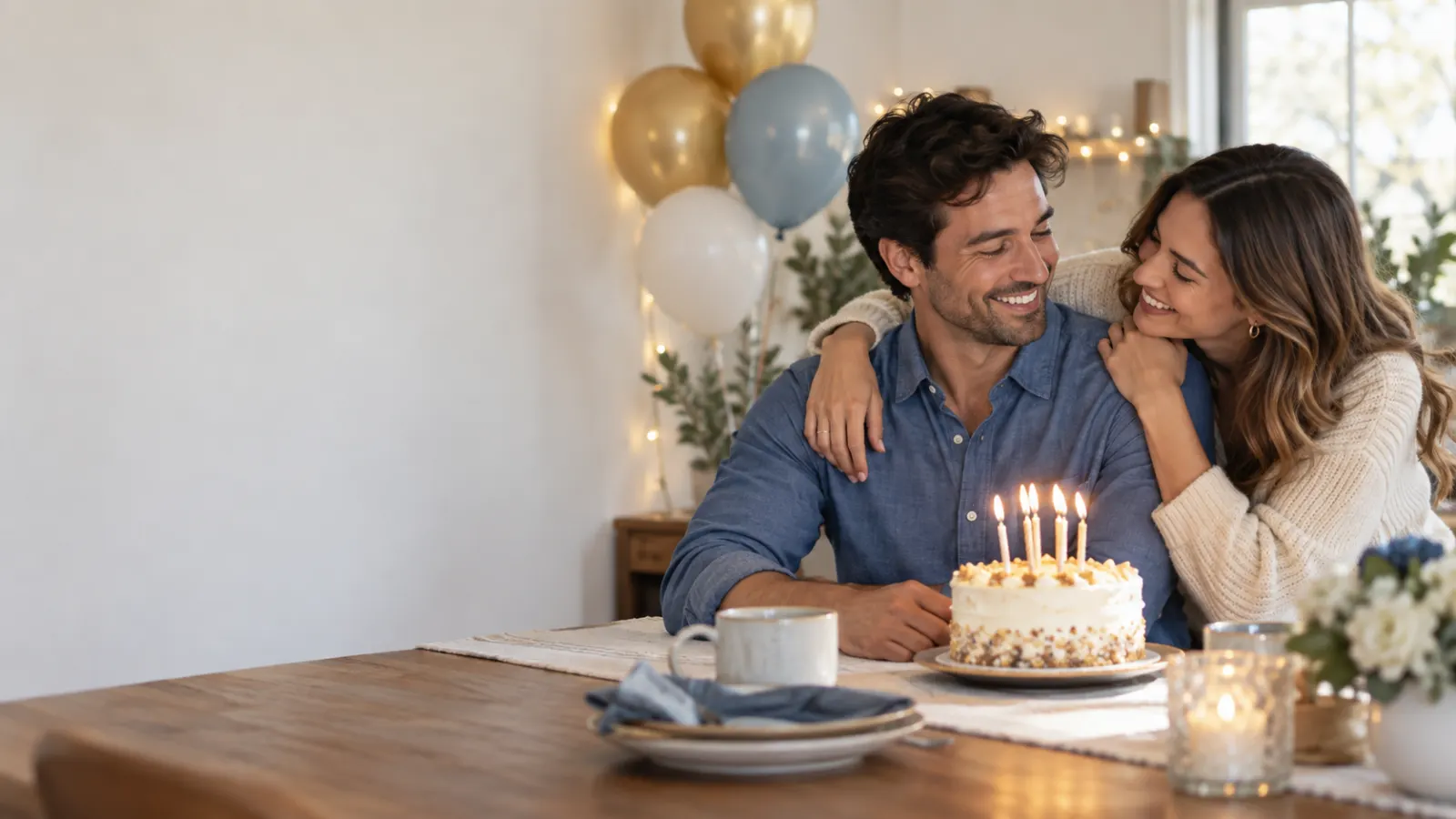 Couple celebrating together with a birthday cake at home