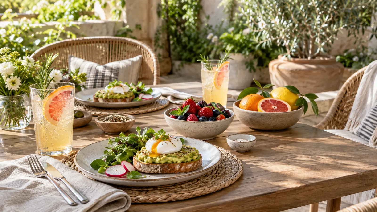 Avocado toast, berries, and citrus drinks on a garden patio table surrounded by greenery.