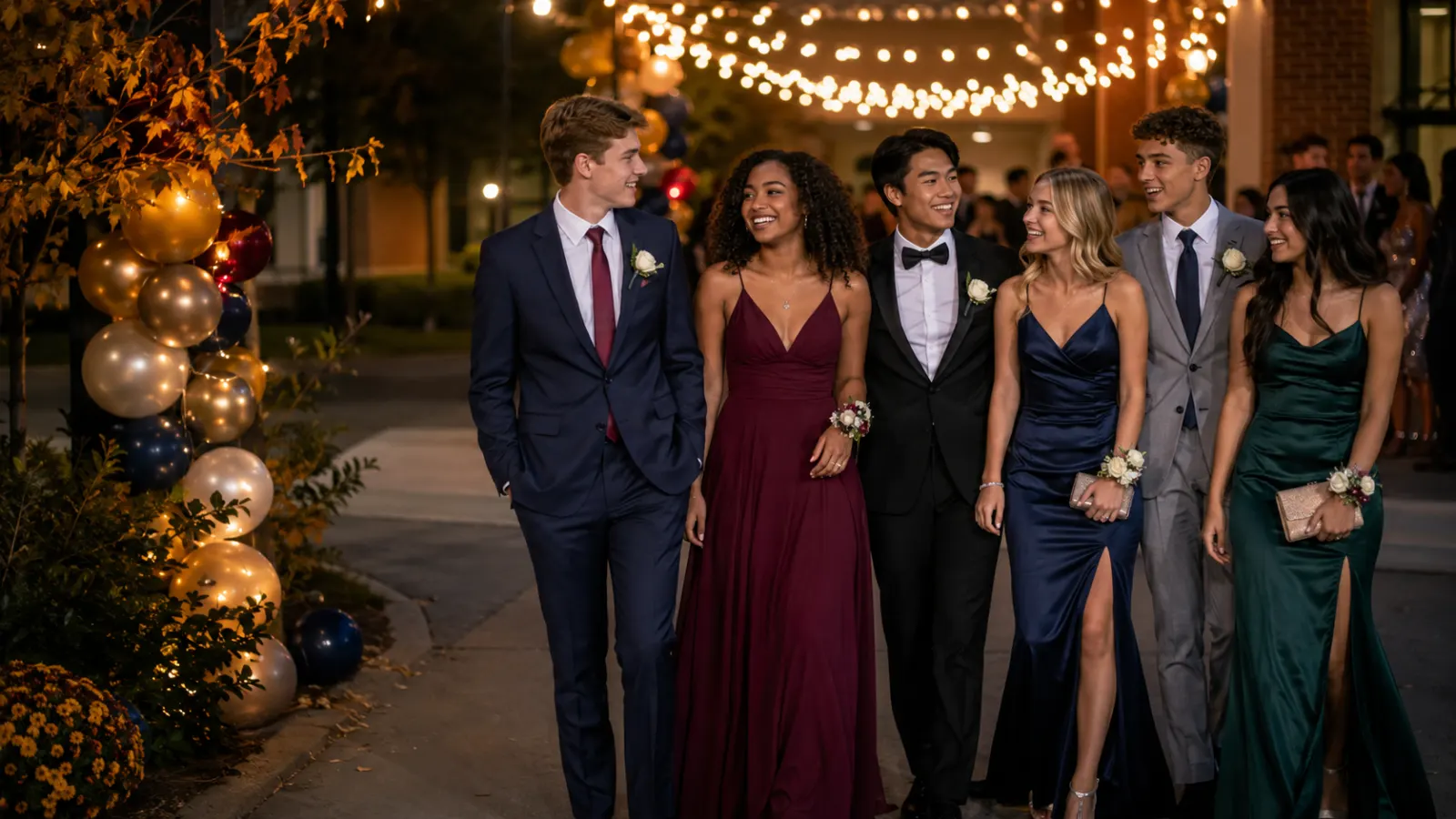 Friends arriving at a school dance for homecoming night