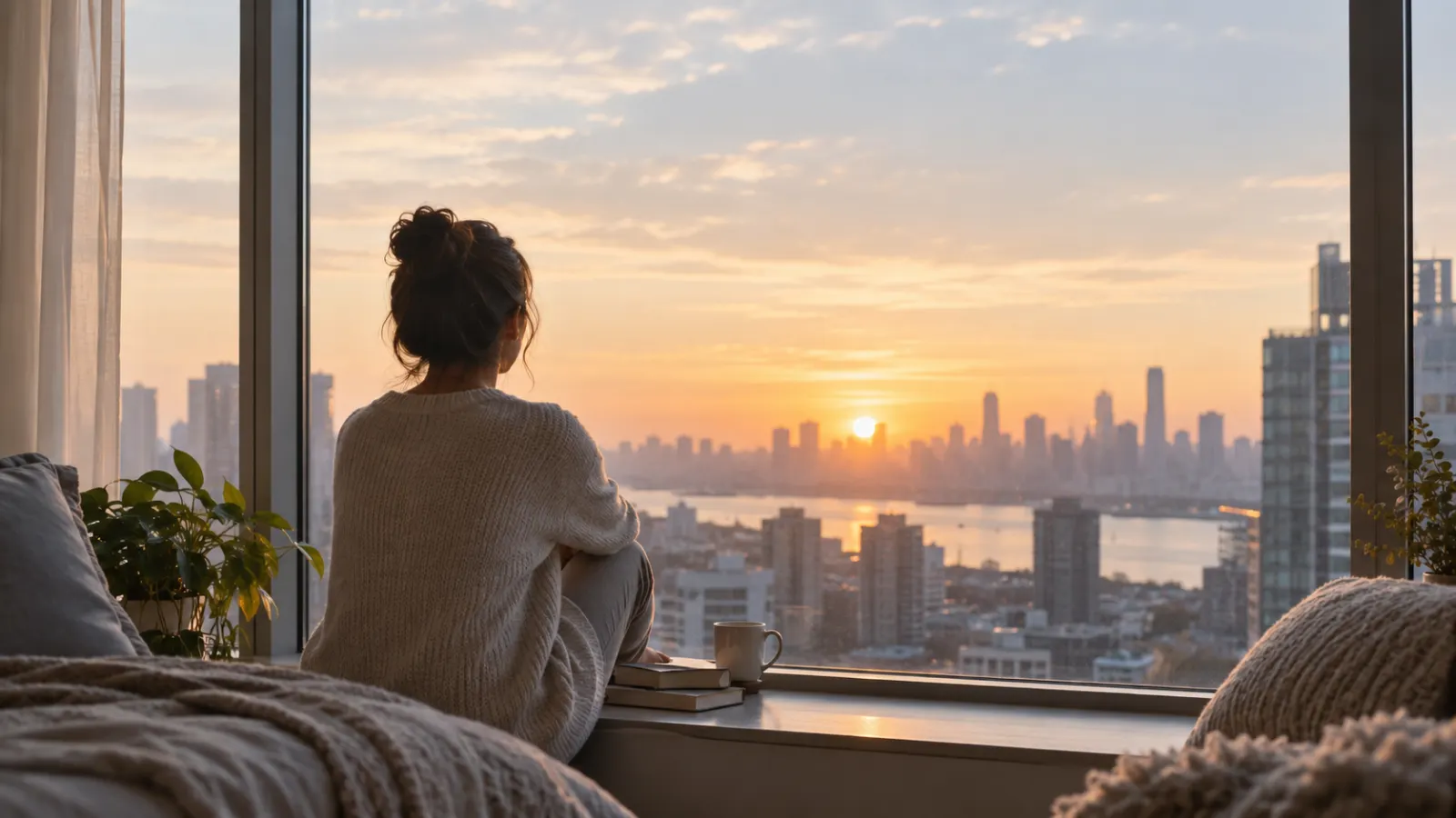 Person sitting beside a large window at sunrise overlooking a city.