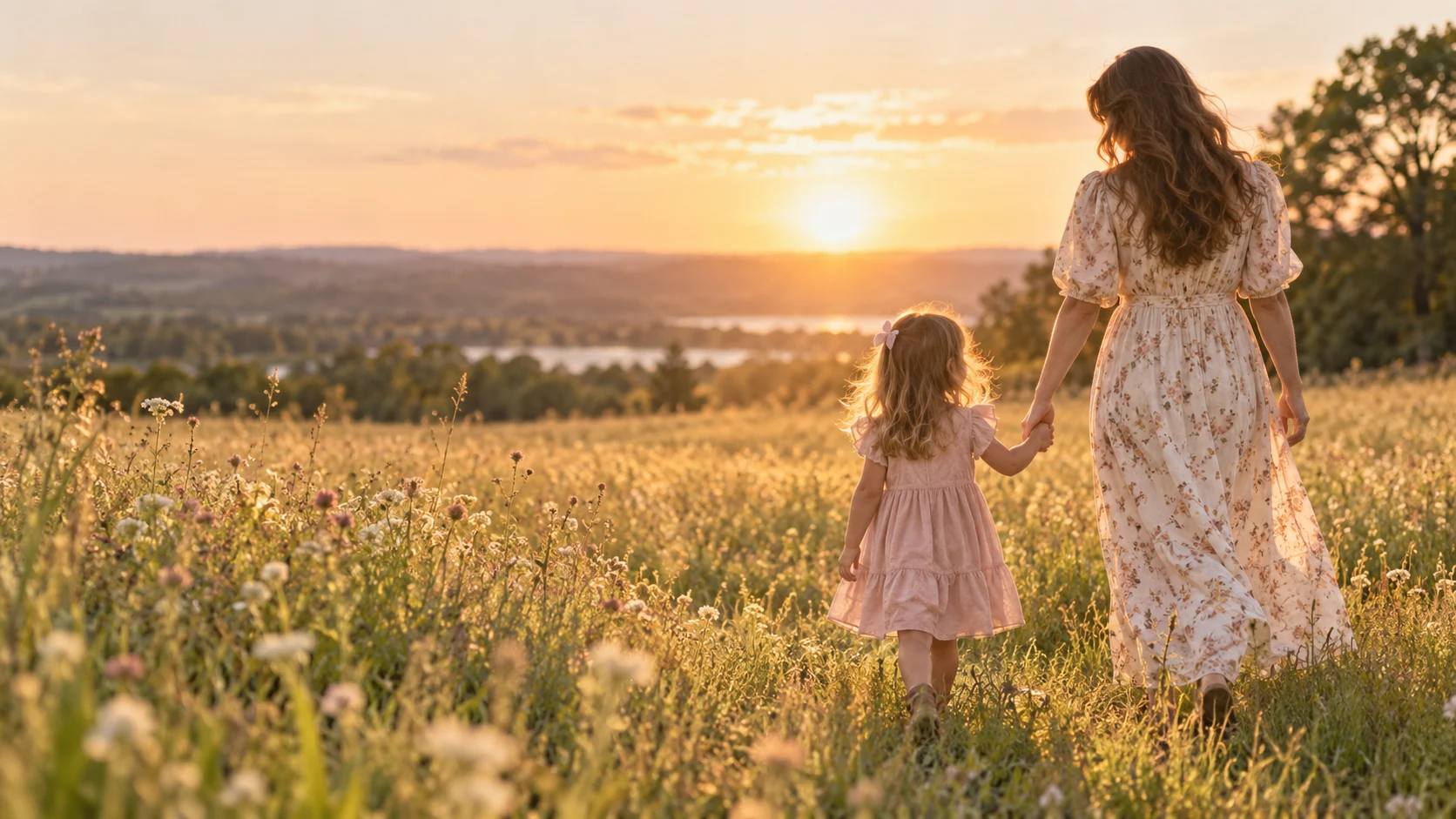 Mother and young daughter walking hand in hand through a sunlit meadow.