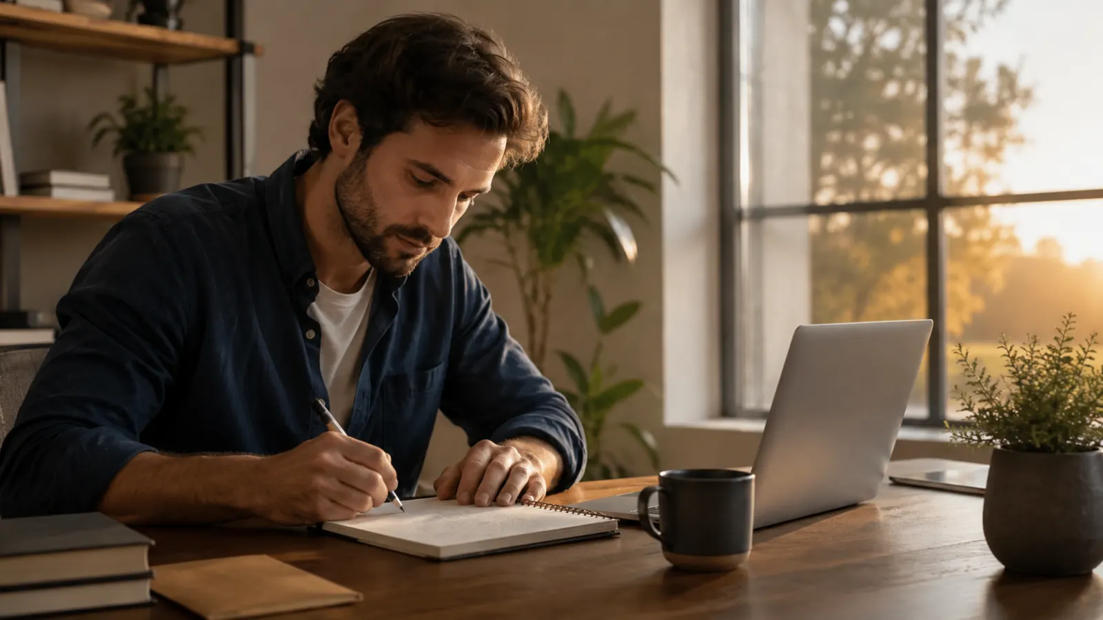 Focused professional writing goals beside a laptop at sunrise