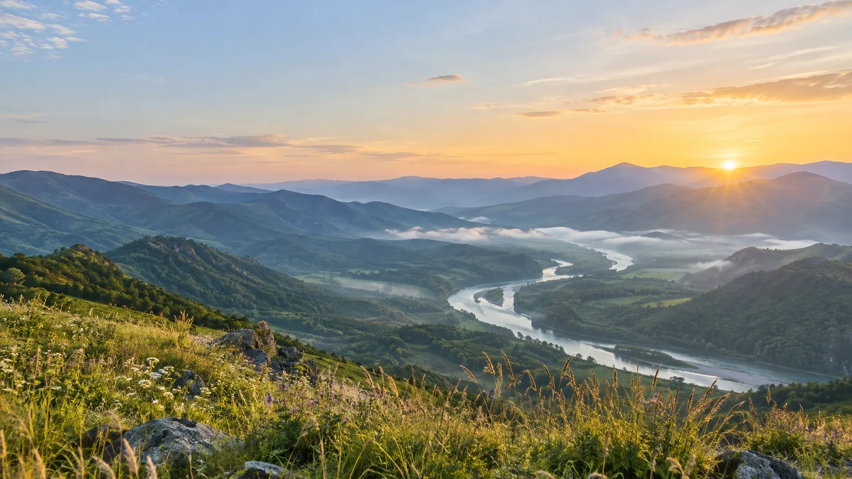 Sunrise over a green mountain valley and winding river beneath a clear sky