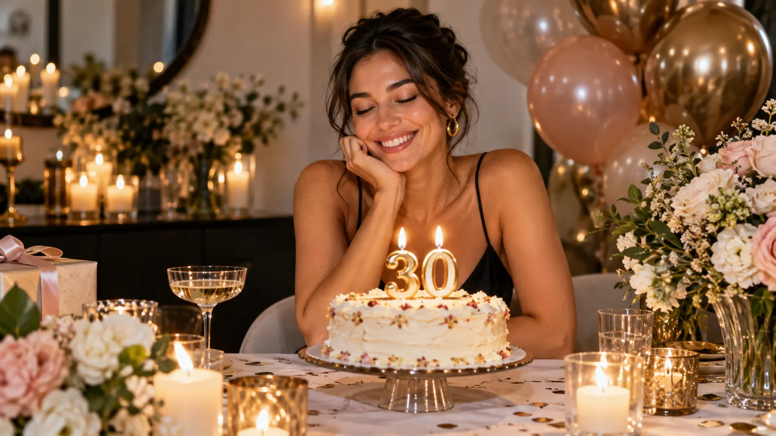 Woman celebrating her 30th birthday beside a cake with numeral 30 candles, flowers, balloons, and warm candlelight.