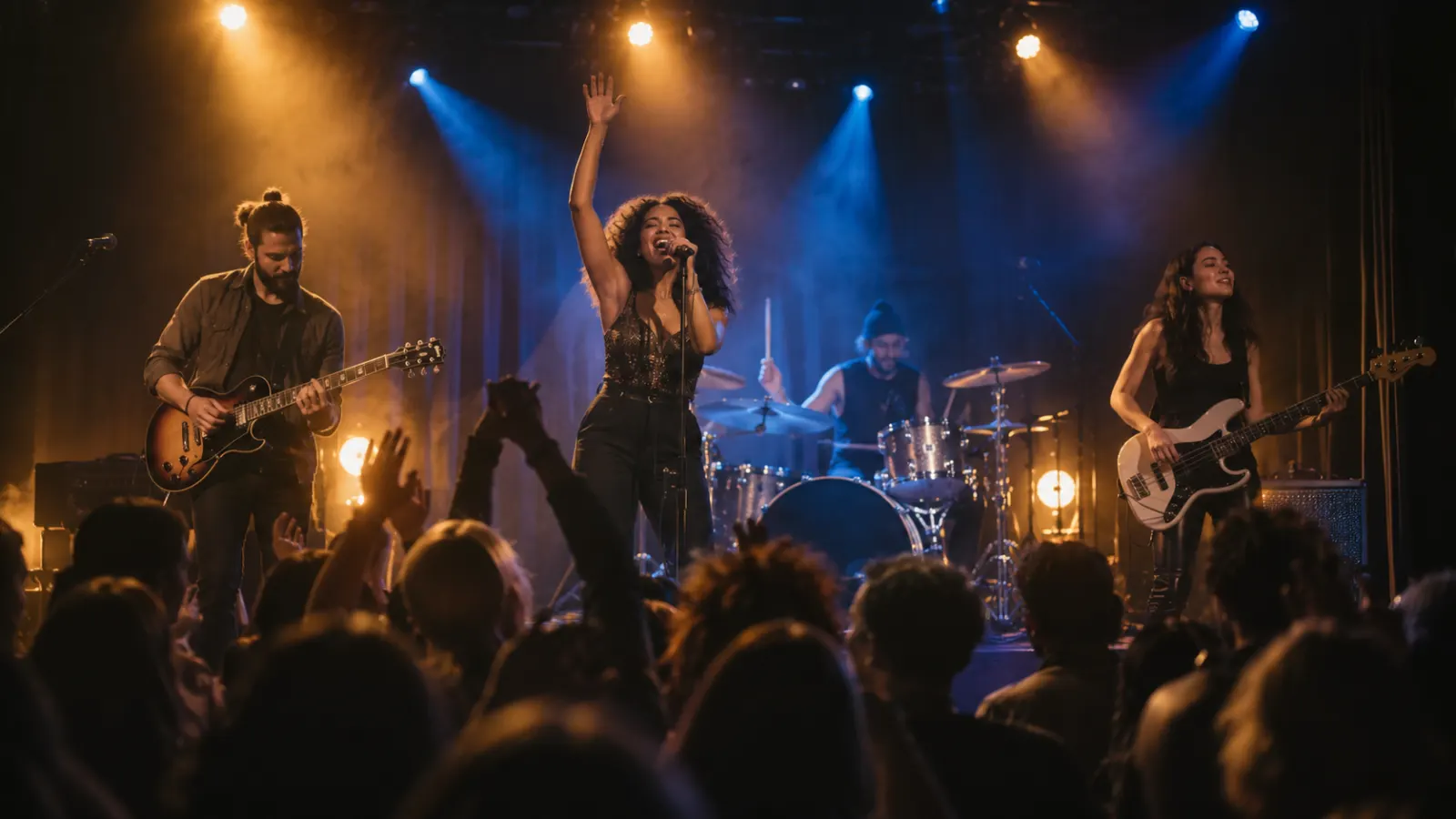 Live band performing under blue and amber lights in front of an energetic audience