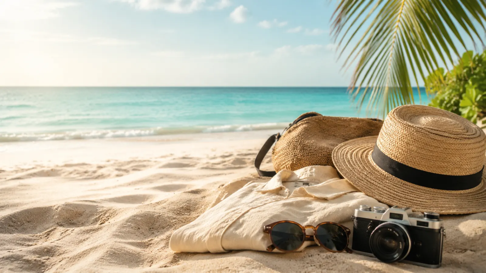 Summer holiday essentials with a straw hat, sunglasses, camera, and linen shirt beside a turquoise beach.