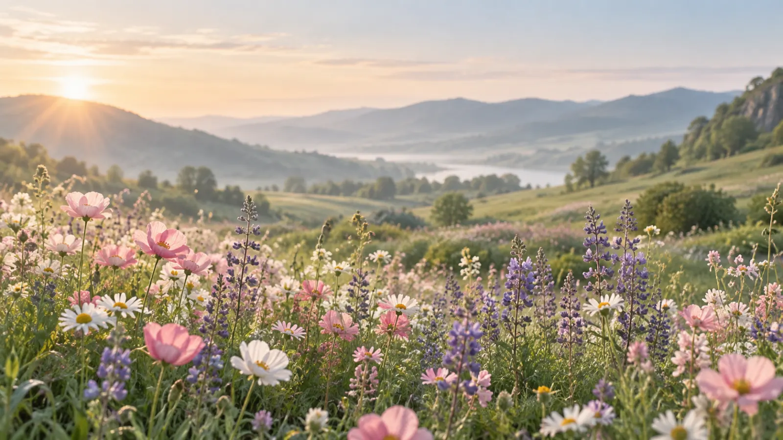 Colorful wildflowers blooming across a sunlit spring meadow