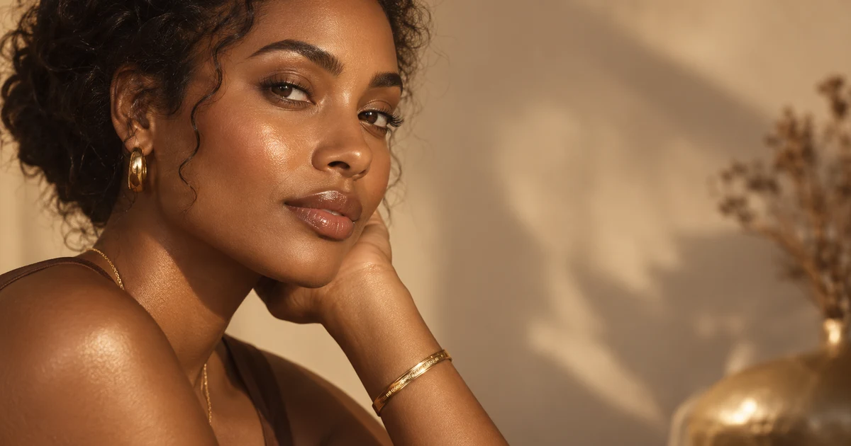 Confident Black woman with glowing brown skin in a cream blouse