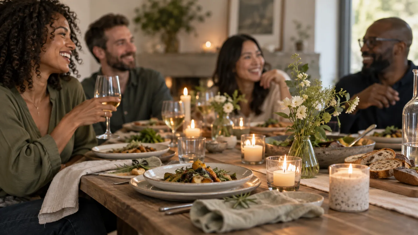 Five friends smiling around a restaurant table with shared dishes.