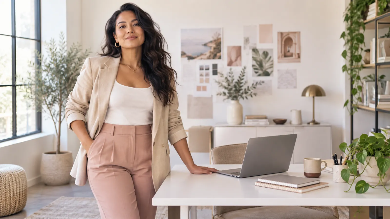 Confident woman entrepreneur standing beside a laptop in a bright modern office.