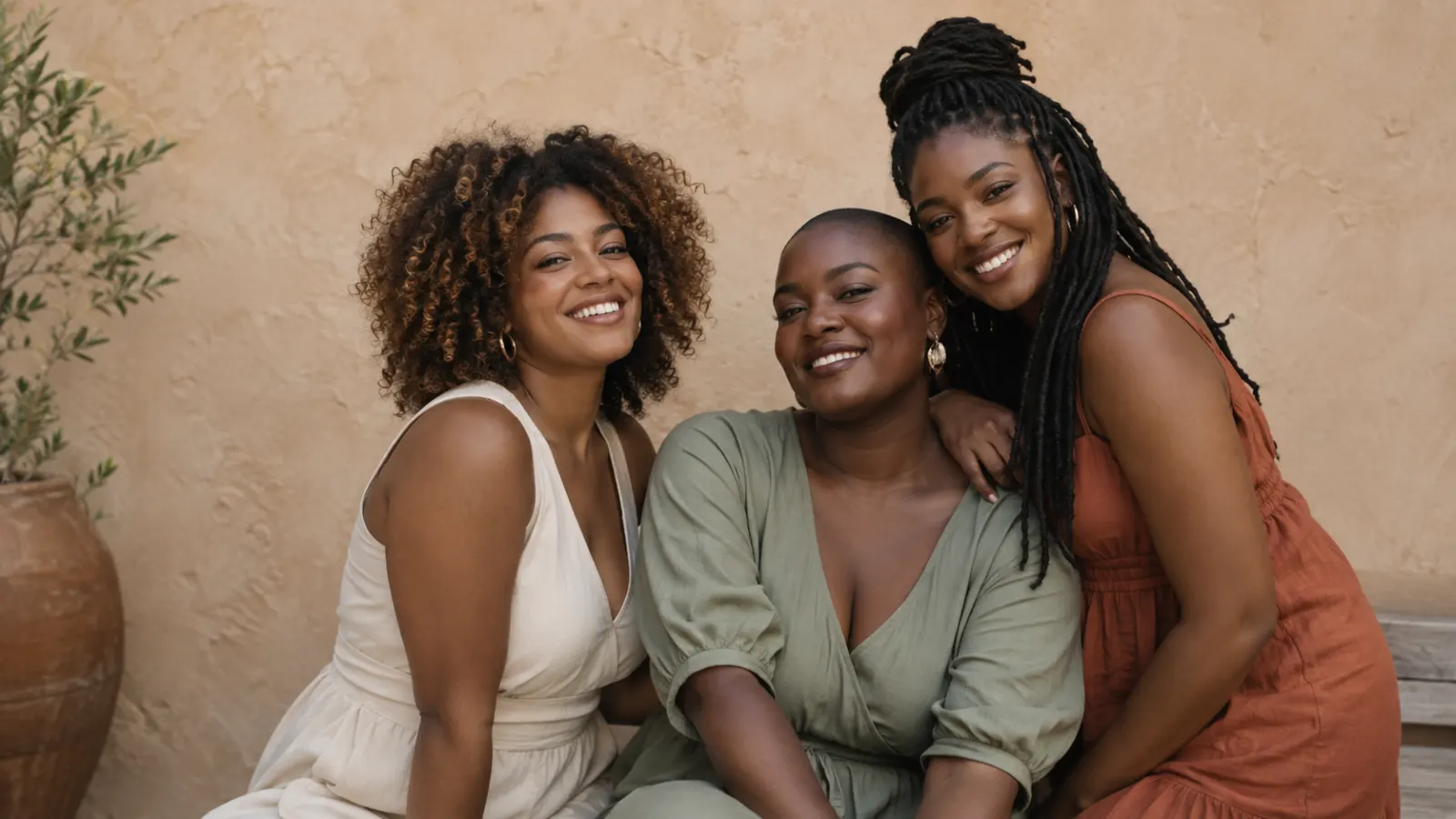 Three brown-skinned women smiling together in cream, sage, and terracotta outfits against a warm plaster wall.
