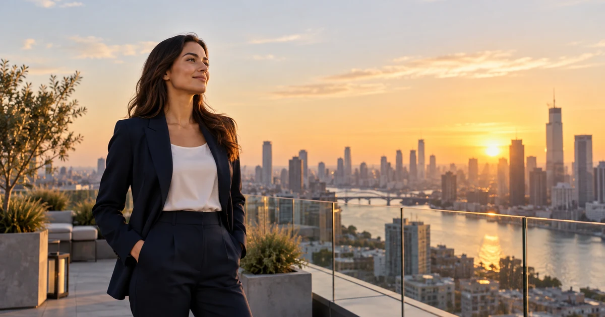 Confident professional celebrating success on a city rooftop at sunrise