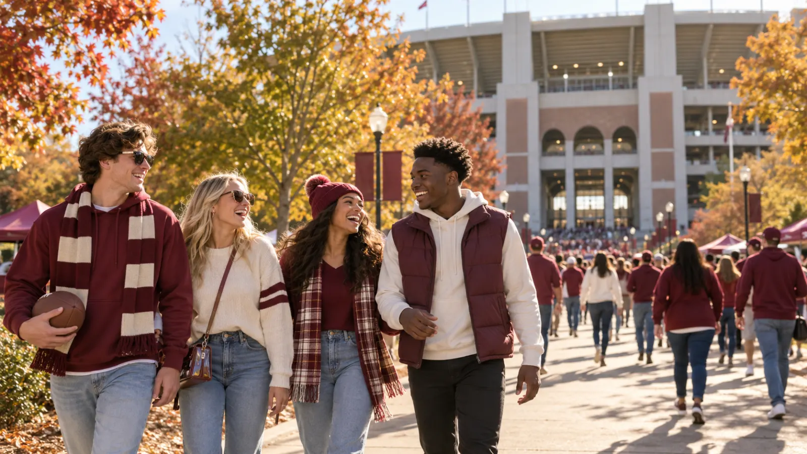 College friends walking toward a football stadium on a sunny fall game day