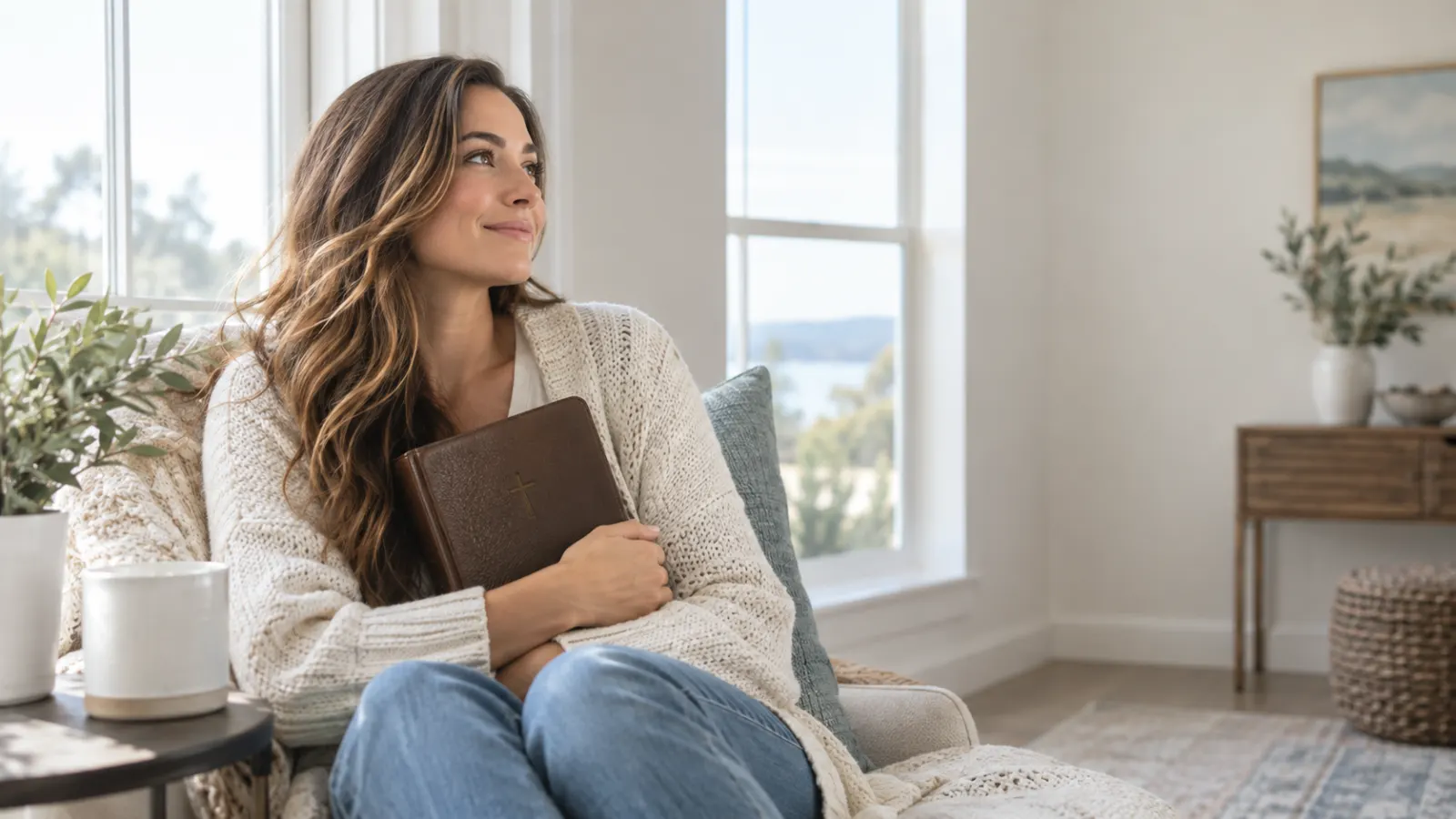 Woman in a cream cardigan holding a Bible beside a sunlit window.