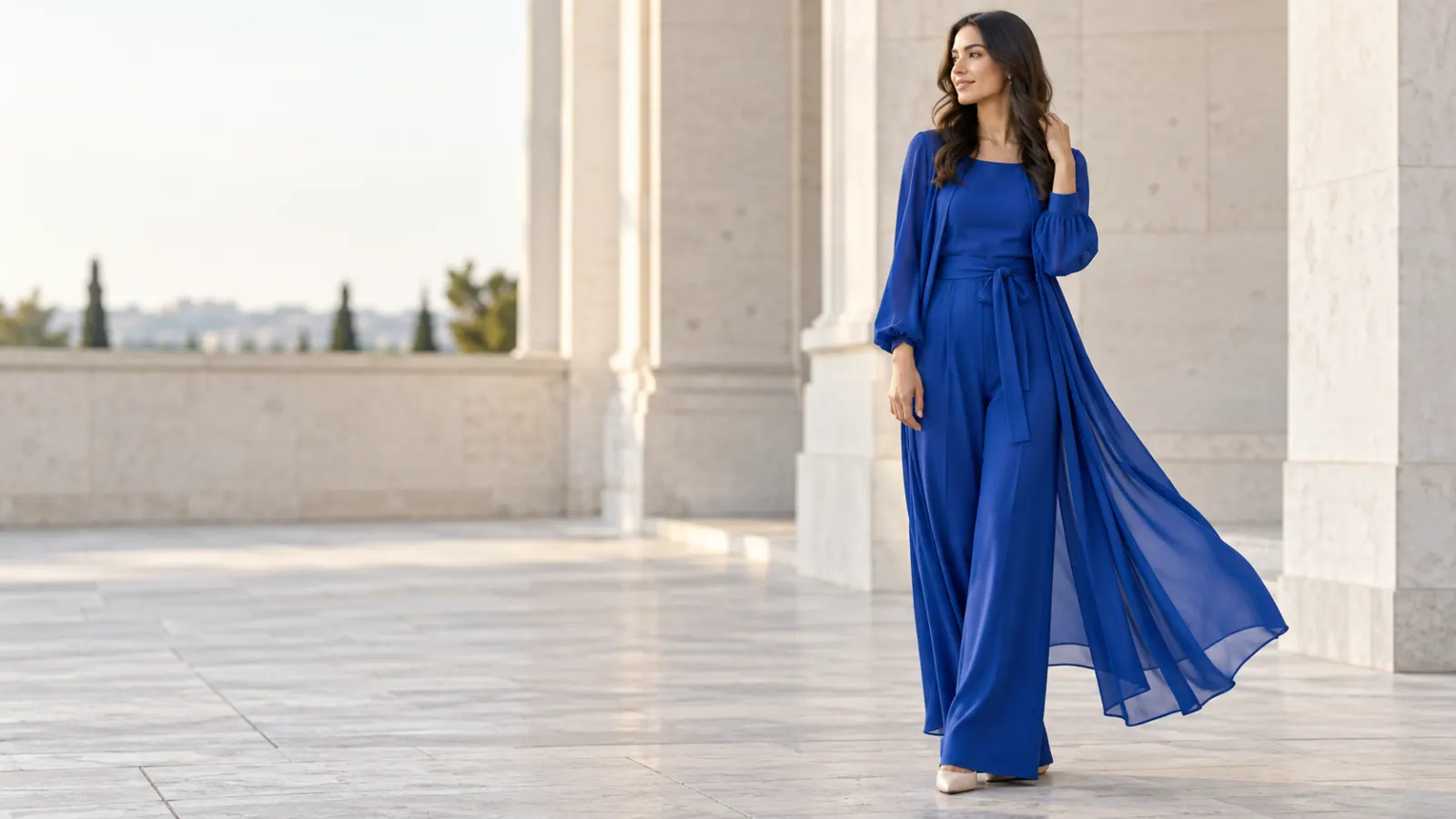 a woman wearing cobalt blue dress