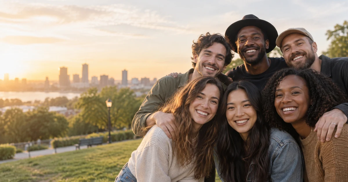 Diverse group of friends smiling together in a city park at sunset