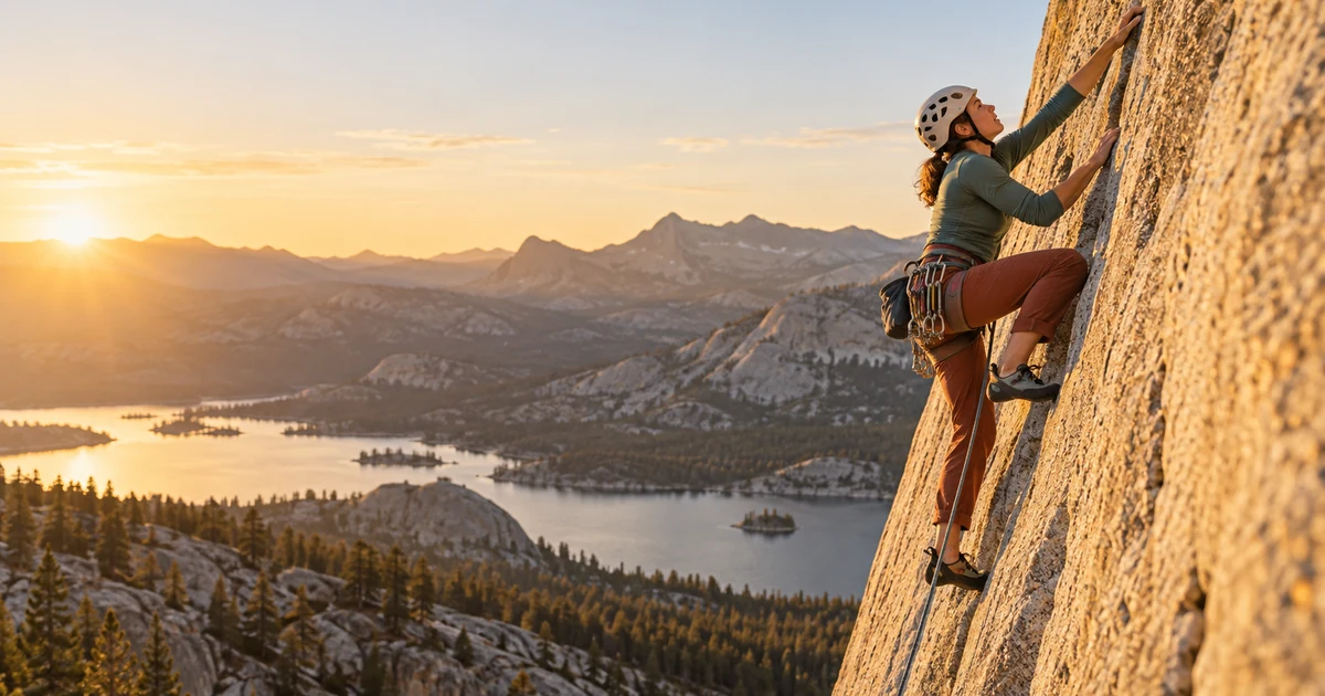 Woman rock climbing a sunlit granite wall above a mountain lake at sunset
